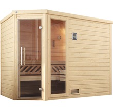 Massivholzsauna Weka Turku Eck GTF Gr.3 inkl. 7,5 kW Bio Ofen u.digitaler Steuerung mit Fenster und graphitfarbeneer Ganzglastüre