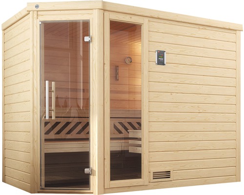 Holzsauna mit Glastür und Bedienfeld