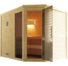 Massivholzsauna Weka Cubilis 3 Eck GTFO inkl. 7,5 kW Ofen u.digitaler Steuerung mit Fenster und graphitfarbeneer Ganzglastüre