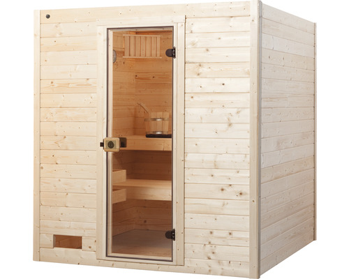 Sauna en bois avec porte en verre et aménagement intérieur