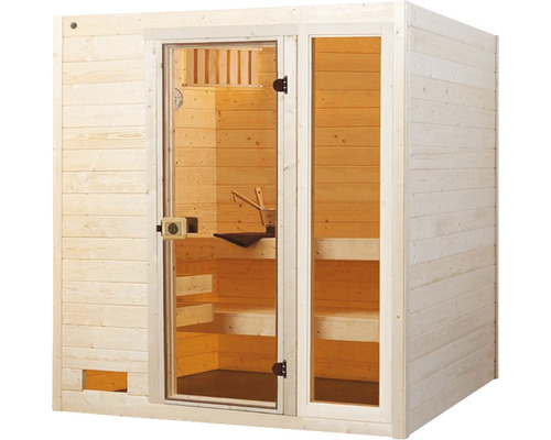 Sauna mit Glastür und Holzbänken
