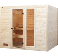 Sauna en bois avec porte en verre et aménagement intérieur