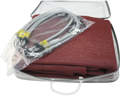 Sonnensegel mit Spannseilen in transparenter Tragetasche