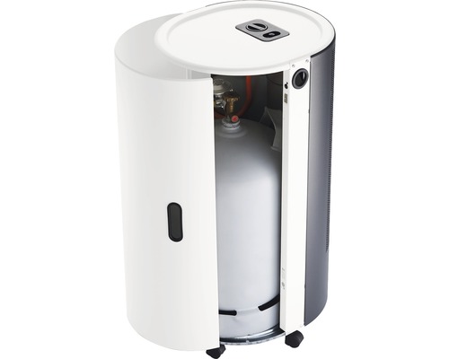 Gasheizer mit geöffneter Tür und Gasflasche