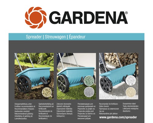 Épandeur Gardena pour engrais, semences et sel de déneigement