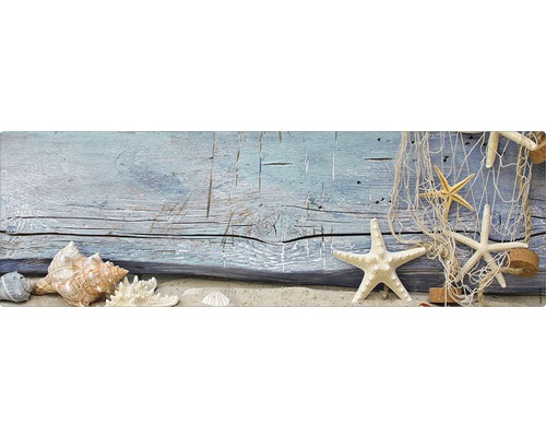 Panneau mural salle de bains mySPOTTI aqua Seashell 140x45 cm Arrangement décoratif avec coquillages, étoiles de mer et filet de pêche sur sable devant un fond en bois