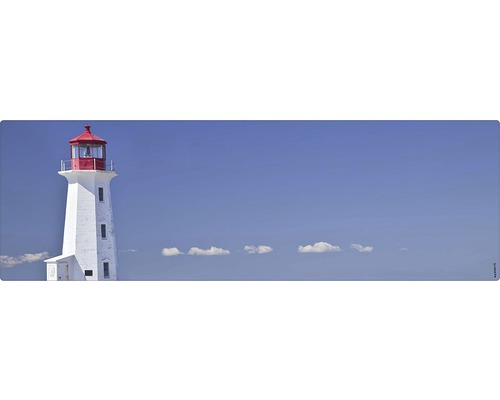 Panneau mural salle de bains mySPOTTI aqua Lighthouse 140x45 cm Illustration d''un phare sur fond de ciel bleu