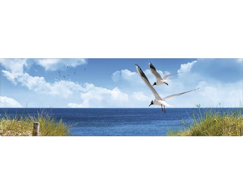 Panneau mural salle de bains mySPOTTI aqua North Sea 140x45 cm Illustration avec des mouettes au-dessus de la mer, paysage côtier