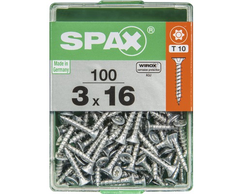 Vis Spax 3 x 16 millimètres, 100 pièces dans la boîte