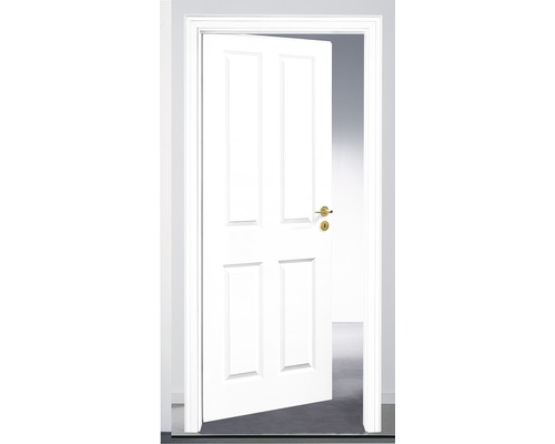 Porte intérieure blanche ouverte avec quatre panneaux et une poignée de porte dorée