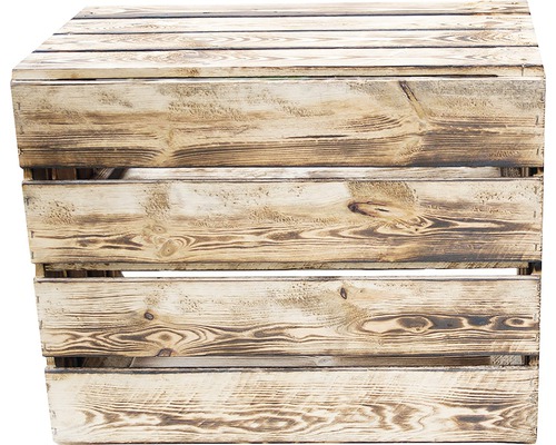 Caisse en bois avec aspect légèrement brûlé