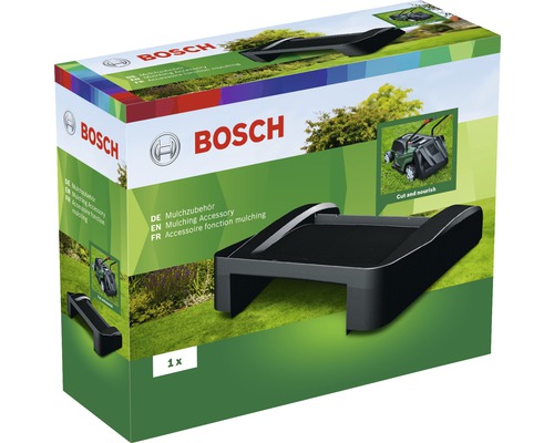 Logo Bosch. Emballage d''un accessoire de paillage Bosch pour tondeuses à gazon.