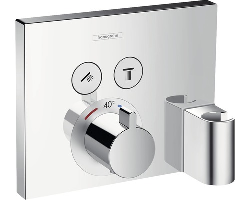 hansgrohe Unterputz Thermostat Dusche ShowerSelect chrom für 2 Verbraucher mit Schlauchanschluss und Brausehalter 15765000 Hansgrohe Logo. Aufputz-Thermostatarmatur mit Temperaturregler bis 40 Grad und Umsteller für Brause oder Badewanne.