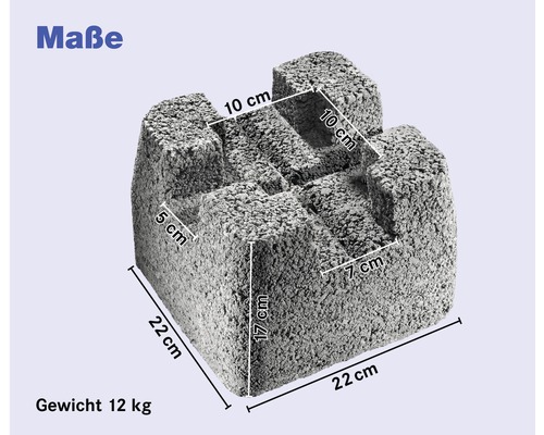 Abmessungen eines Pflanzsteins aus Beton mit den Maßen 22 x 22 x 17 cm und einem Gewicht von 12 kg