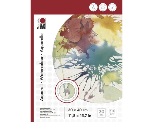 Bloc de dessin Marabu pour dessins à l'aquarelle 30x40 cm 220 g/m² 20 feuilles Bloc aquarelle Marabu avec 20 feuilles de papier, format 30 x 40 cm