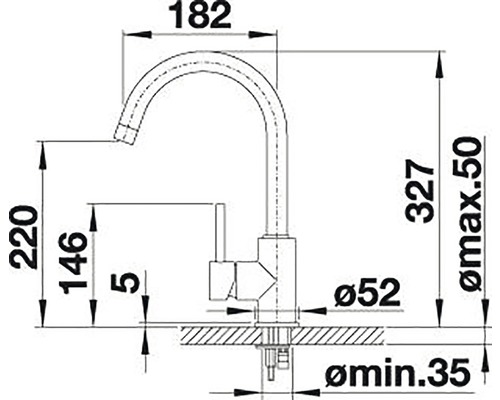 Technische Zeichnung einer Küchenarmatur mit Maßen.