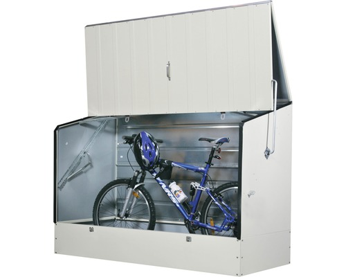 Coffre à vélos avec couvercle ouvert et vélo