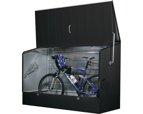 Geöffnete Fahrradbox zur Aufbewahrung von Fahrrädern und Fahrradhelmen