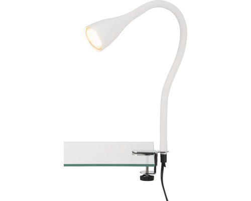Lampe à pince blanche avec bras flexible sur un plateau de table