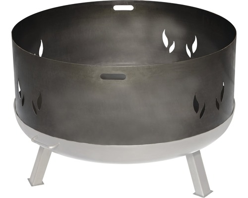 Feuerschale aus Stahl mit Flammenmuster und drei Beinen