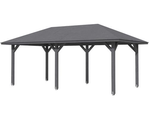 Freistehender Pavillon mit Holzdach und Holzpfosten.