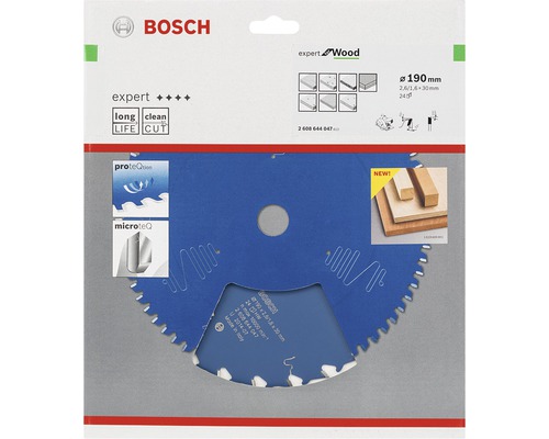 Logo Bosch. Lame de scie circulaire de 190 millimètres de diamètre pour bois.