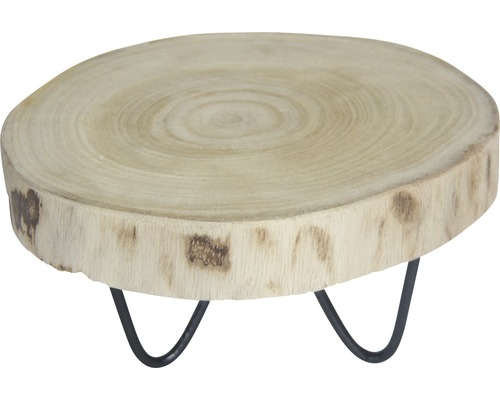Assiette décorative rondin de bois avec pied en bois et métal Ø 24 H 12 cm marron-beige