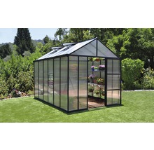 Serre Palram – Canopia Glory 8x12 panneaux alvéolés 10 mm avec fondation, gouttières, ouvre-fenêtre automatique 244,5 x 364 cm gris