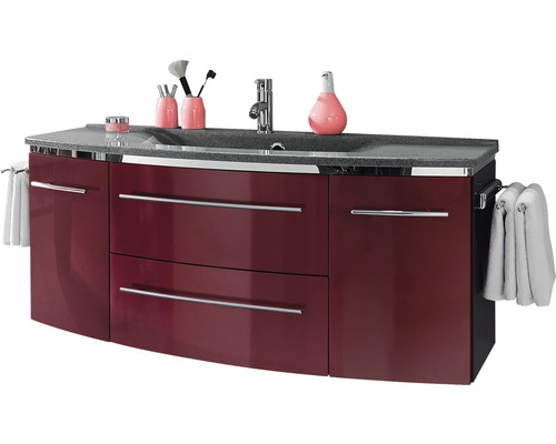 Meuble sous-lavabo avec deux tiroirs, robinetterie et serviettes