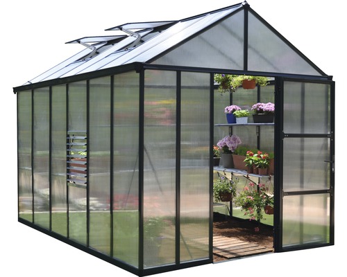 Gewächshaus mit Regalen und Pflanzen