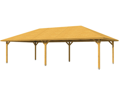 Pavillon en bois avec toit rectangulaire et poteaux de soutien