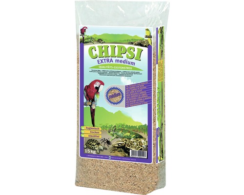 Litière pour petits animaux domestiques JRS Chipsi Extra Medium 15 kg Litière pour animaux exotiques Chipksi extra medium de qualité dans un sac de 15 kilogrammes pour animaux exotiques et oiseaux.