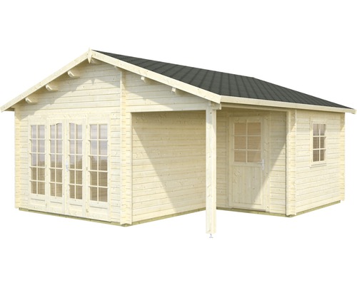 Holzgartenhaus mit Terrasse, Fenstern und Tür.