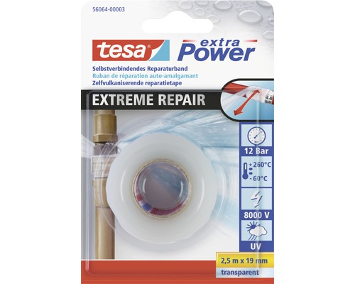 Bande de réparation tesa extreme Repair transparent 19 mm x 2,5 m Tesa Extra Power Extreme Repair ruban de réparation auto-amalgamant, 2,5 m x 19 mm