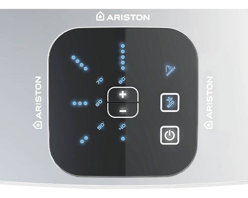 Logo Ariston, panneau de commande d''un chauffe-eau avec affichage de la température et divers symboles.
