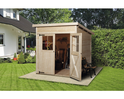 Gartenhaus weka 325 Gr.1 mit Fußboden 222 x 198 cm natur Gartenszene mit Gerätehaus aus Holz mit geöffneten Türen.