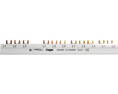 Rail de phase 3 pôles Hager 63A avec fixation à fourche 210 mm 12 modules KDN363F