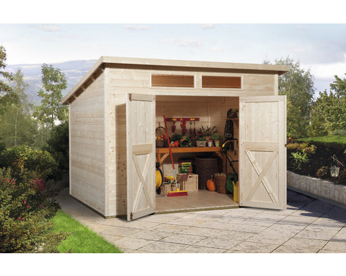 Abri de jardin weka 325 A T. 3 avec plancher 278 x 237 cm nature Abri de jardin avec portes doubles ouvertes et toit plat pour ranger les outils de jardin.
