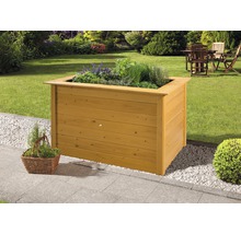 Hochbeet aus Holz mit Kräutern bepflanzt im Garten.