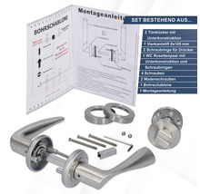 Edelstahl Türbeschlag Set mit zwei Türgriffen, Vierkantstift, Schraubringen, WC Rosettenpaar, Schrauben, Madenschrauben, Bohrschablone und Montageanleitung