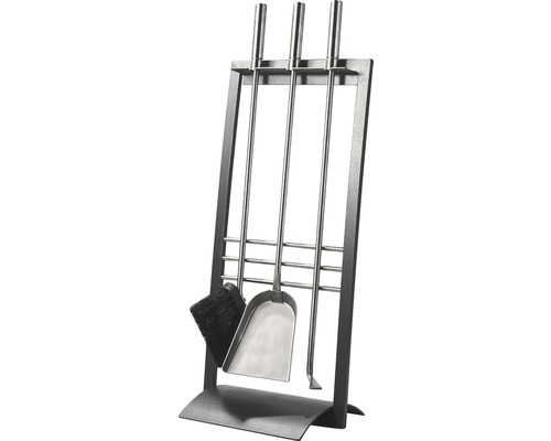 Serviteur de cheminée avec support, comprenant une pelle, une balayette et un tisonnier