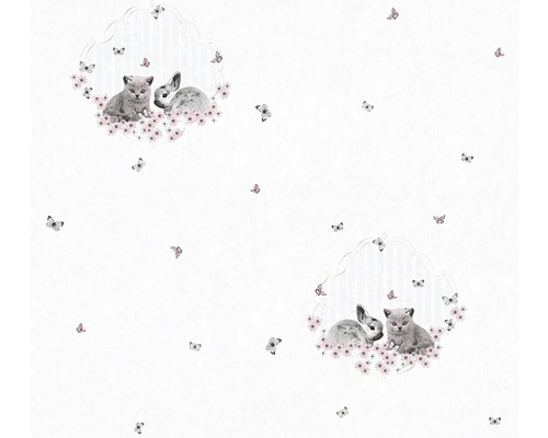 Papier peint intissé 35564-2 Little Stars chat lièvre gris blanc