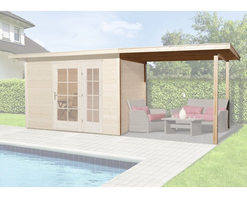 Toit en appentis weka pour abri de jardin Panorama taille 2 295x299x220 cm, nature Abri de jardin avec annexe en bois à côté d''une piscine