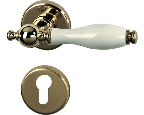 Poignée sur rosace Nany laiton/porcelaine blanc pour cylindre profilé avec bouton + poignée pour portes d'entrées gauche/droite