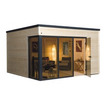 Gartenhaus aus Holz mit Glasschiebetüren und Sitzecke