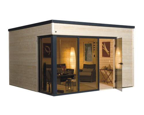 Abri de jardin en bois avec portes coulissantes en verre et coin salon