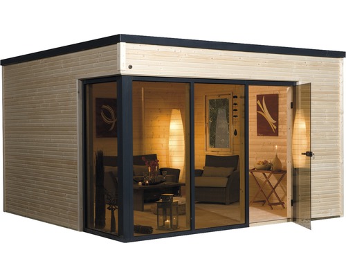 Modernes Gartenhaus mit Glasfront und Holzwänden