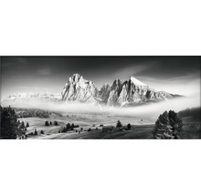 Photographie en noir et blanc d''un paysage de montagne avec du brouillard