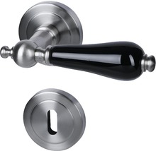 Türdrücker mit Rosette aus Edelstahl und Griff aus schwarzem Kunststoff
