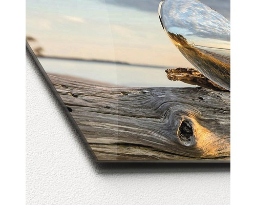 Image sur verre avec une photographie d''un tronc d''arbre et d''une sphère réfléchissante